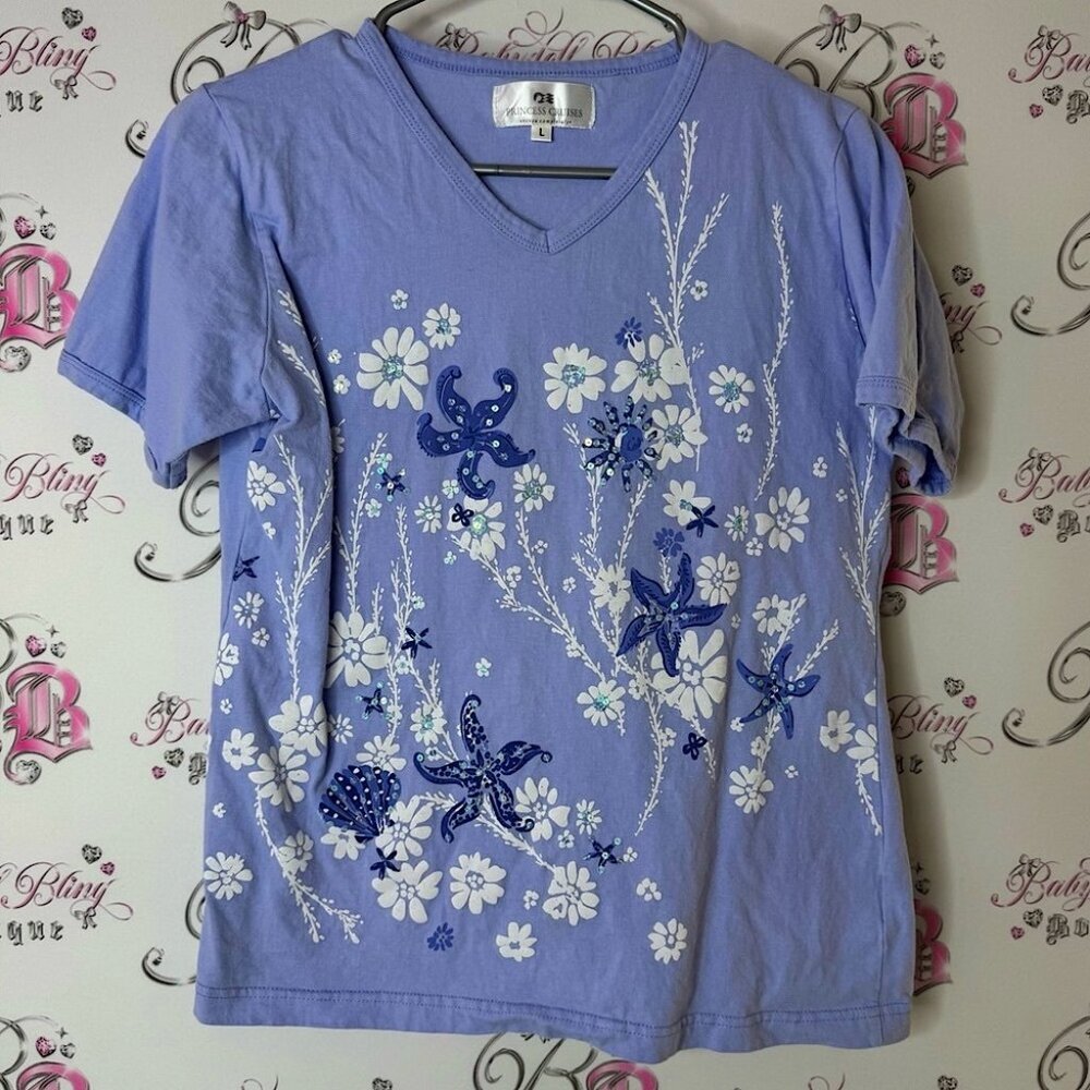 Princess cruises tshirt seashell 🐚 ocean Lavender Floral Embroidered V-Neck Tee